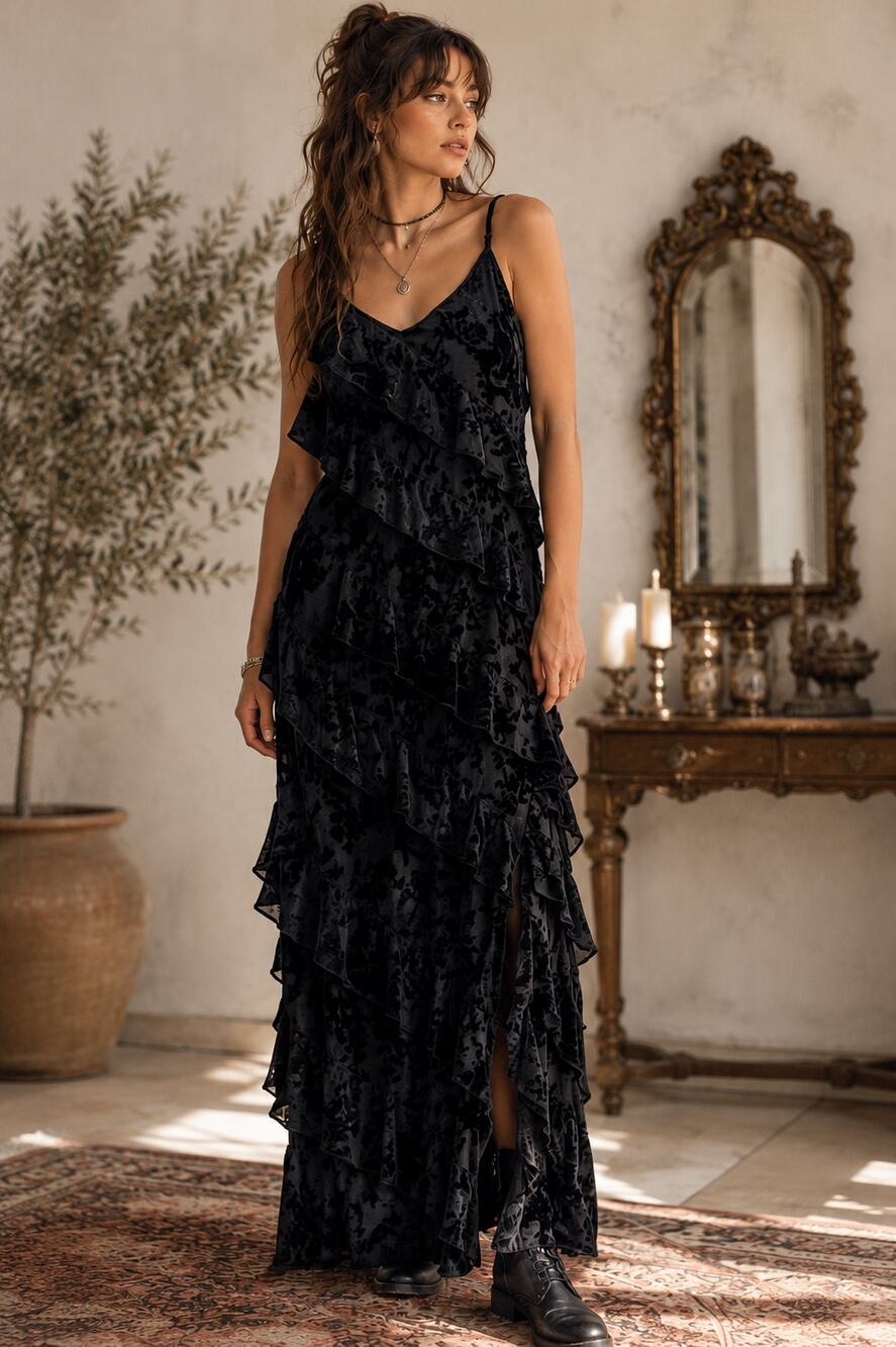 Altered State Velvet Maxi Dress Womens XL Black Burnout Ruffle Fairycore Goth
